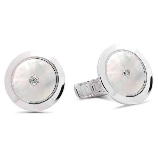 [GMC597P] Plain Cufflinks Mother Of Pearl with Two Diamonds  - 950 Sterling Silver