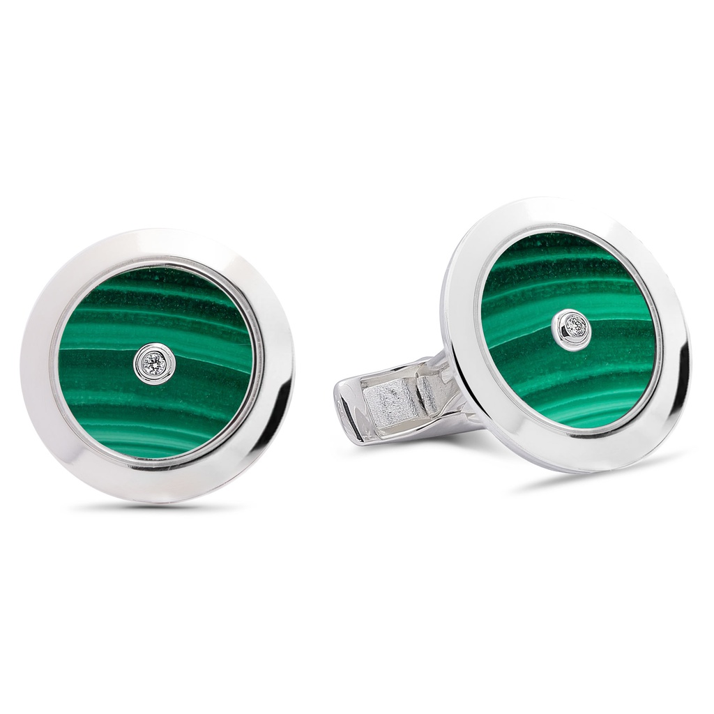 Plain Cufflinks Malachite with Two Diamonds  - 950 Sterling Silver