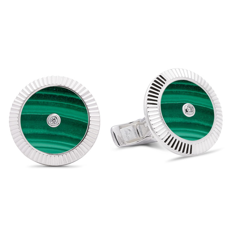Lining Cufflinks Malachite with Two Diamonds  - 950 Sterling Silver