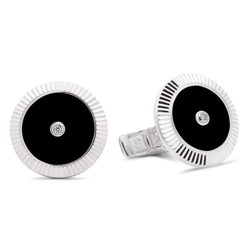 Lining Cufflinks Black Onyx with Two Diamonds  - 950 Sterling Silver