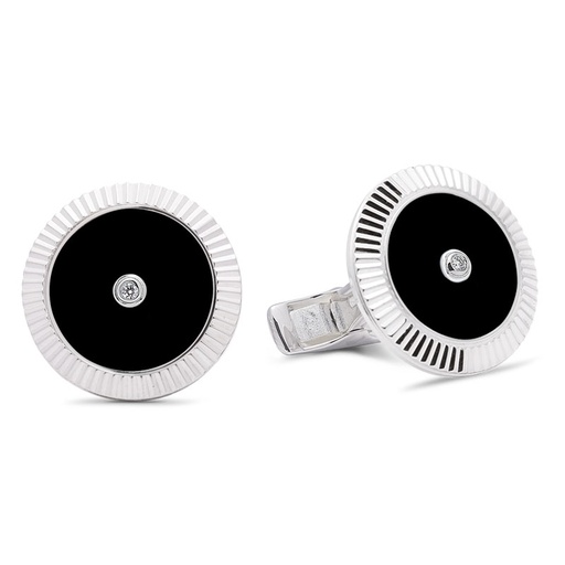 [GMC596O] Lining Cufflinks Black Onyx with Two Diamonds  - 950 Sterling Silver