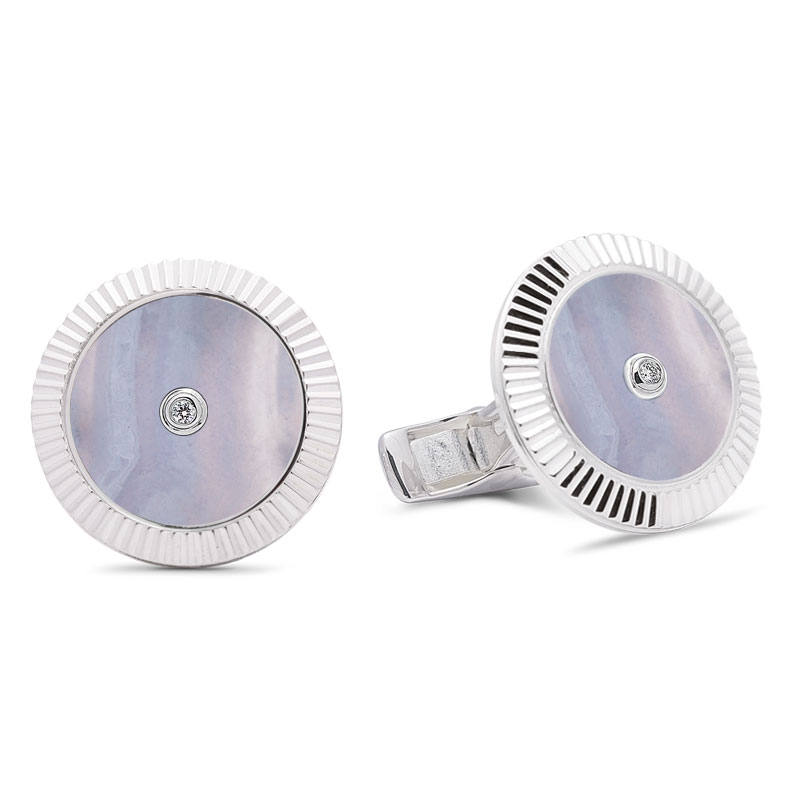 Lining Cufflinks Chalcedony with Two Diamonds  - 950 Sterling Silver