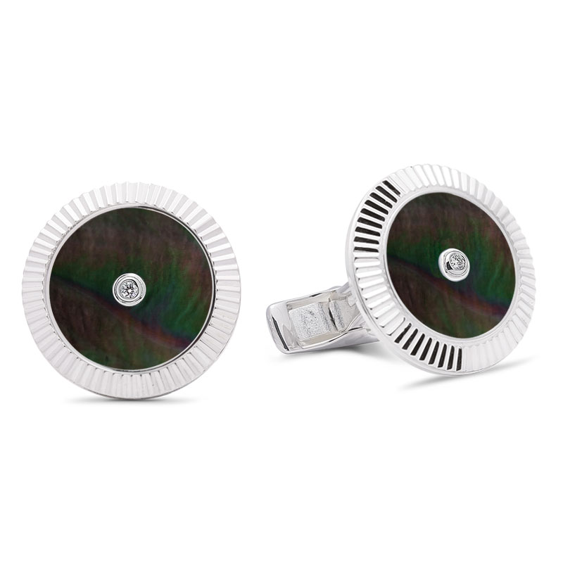 Lining Cufflinks Gray Mother Of Pearl with Two Diamonds  - 925 Sterling Silver