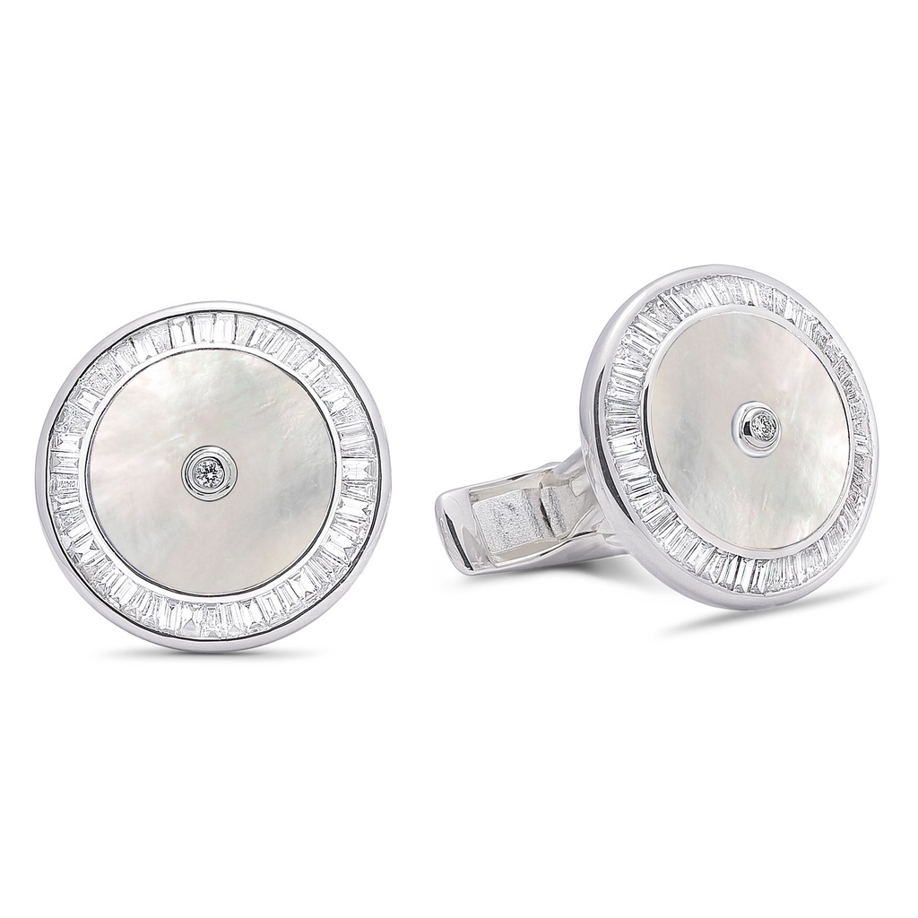 Baguette Diamond Mother Of Pearl Cufflinks  - 950 Sterling Silver