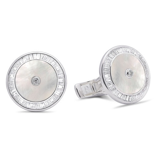 [GMC594P] Baguette Diamond Mother Of Pearl Cufflinks  - 950 Sterling Silver