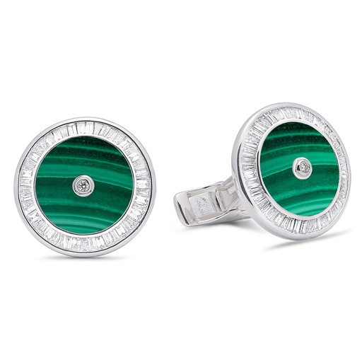 [GMC594M] Baguette Diamond Malachite Cufflinks  - 925 Sterling Silver