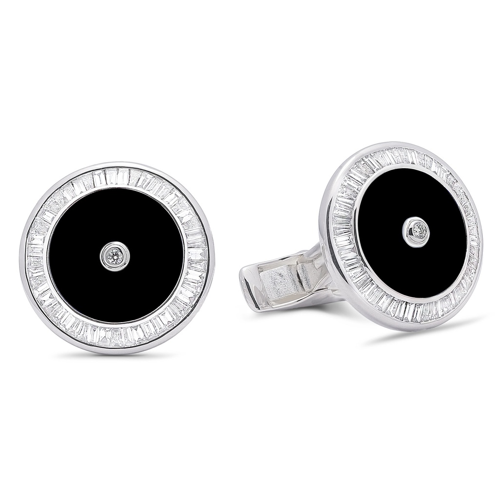 Baguette Diamond Black Onyx Cufflinks - 950 Sterling Silver