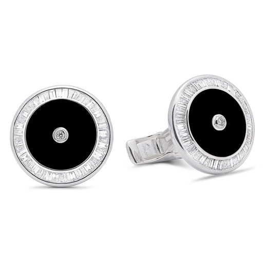 [GMC594O] Baguette Diamond Black Onyx Cufflinks - 950 Sterling Silver