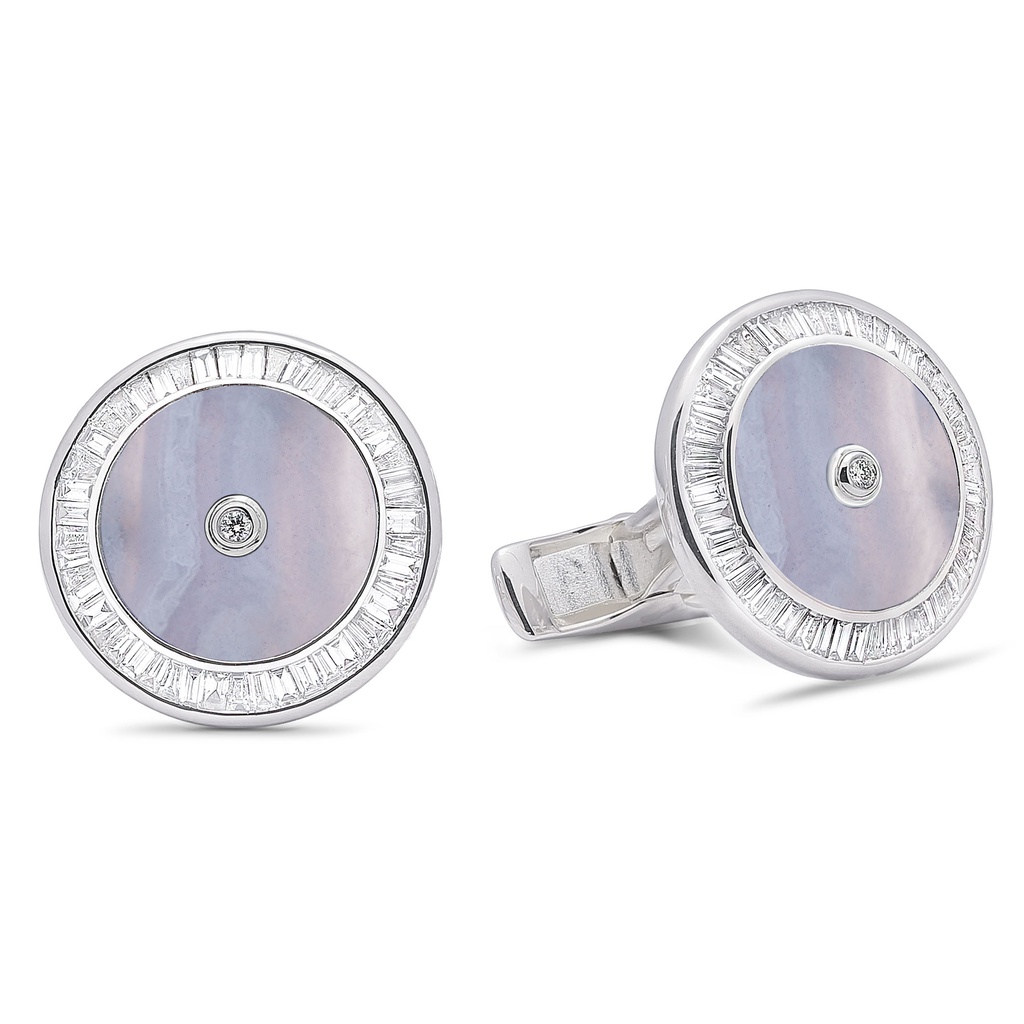 Baguette Diamond Chalcedony Cufflinks  - 950 Sterling Silver
