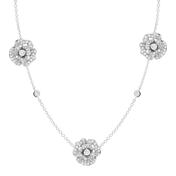 Lady Rose Triple Roses with Adjustable Length Necklace White Gold