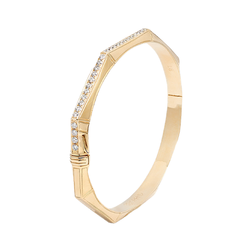 [GAC397Y] Arabesque Thick Bangle - Line Half Diamond Yellow Gold (M (17 cm))