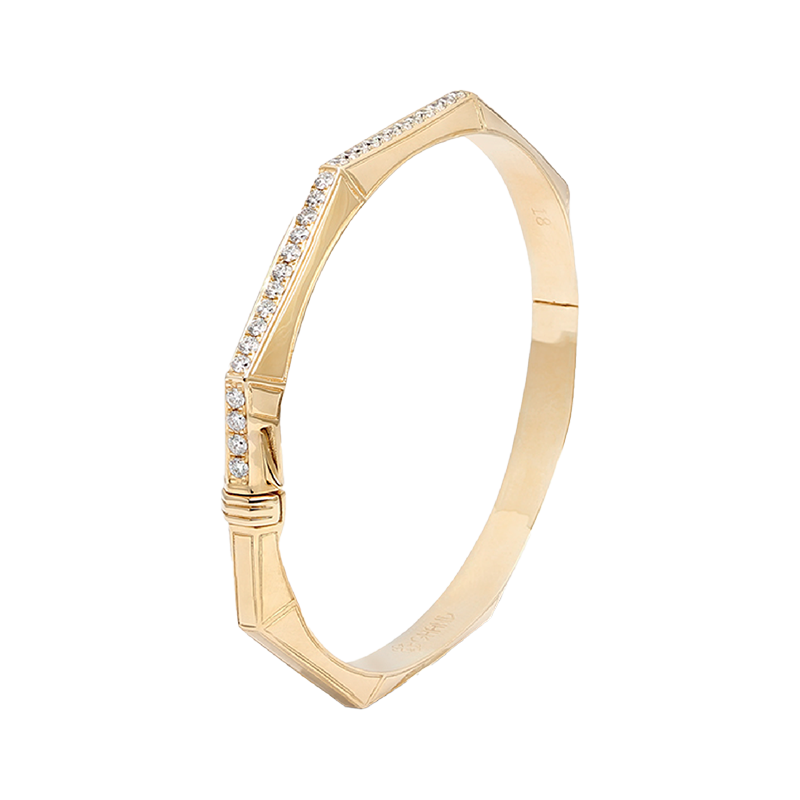 Arabesque Thick Bangle - Line Half Diamond Yellow Gold