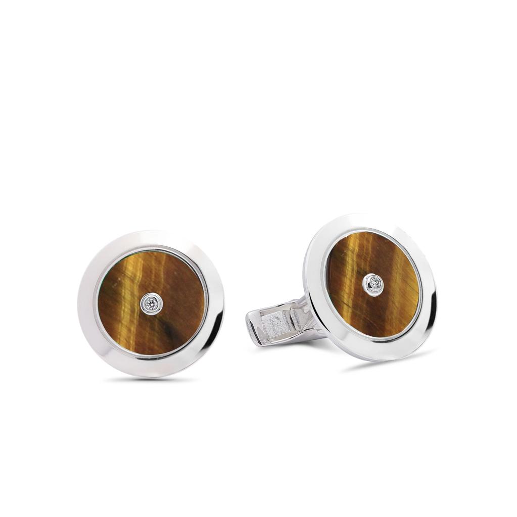 Plain Cufflinks Tiger Eye with Two Diamonds  - 925 Sterling Silver