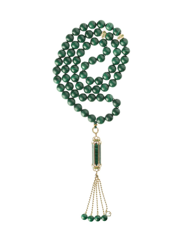 Green Malachite 99 Beads in 18K Yellow Gold and Garnet