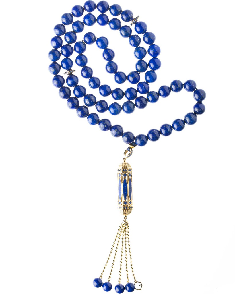 Blue Lapis 99 Beads in 18K Yellow Gold and Sapphire