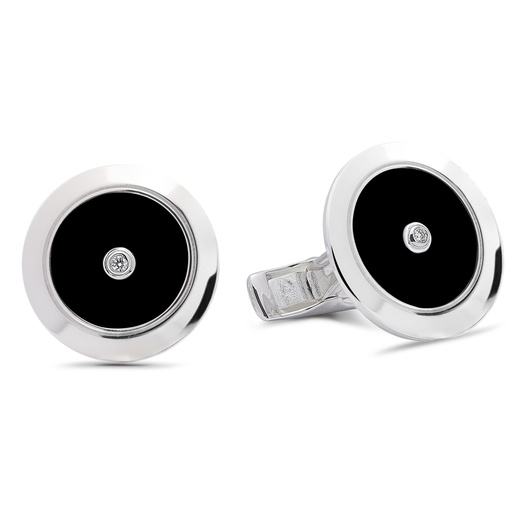 [GMC597O] Plain Cufflinks Black Onyx with Two Diamonds