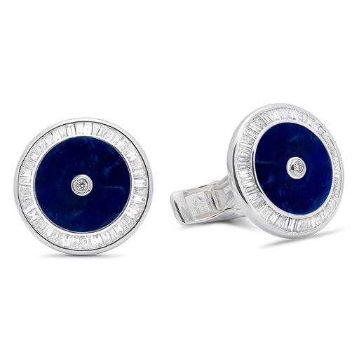[GMC594S] Baguette Diamond Sodalite Cufflinks  - 950 Sterling Silver