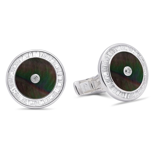 [GMC594G] Baguette Diamond Gray Mother Of Pearl Cufflinks  - 950 Sterling Silver