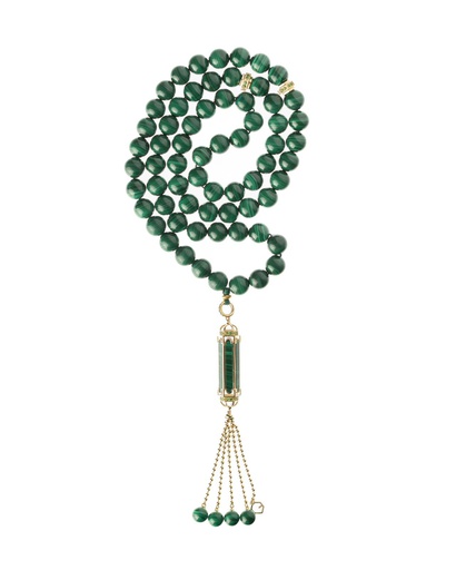 [GB385Y-99] Green Malachite 99 Beads size 8mm with 18K Yellow Gold and Garnet