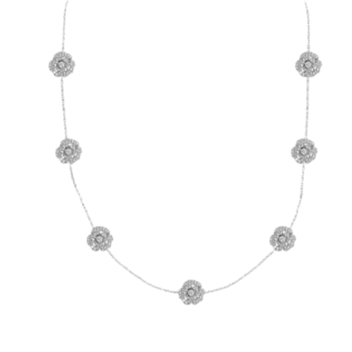 [GRC425W] Lady Rose Long Necklace 7 Small Roses White Gold